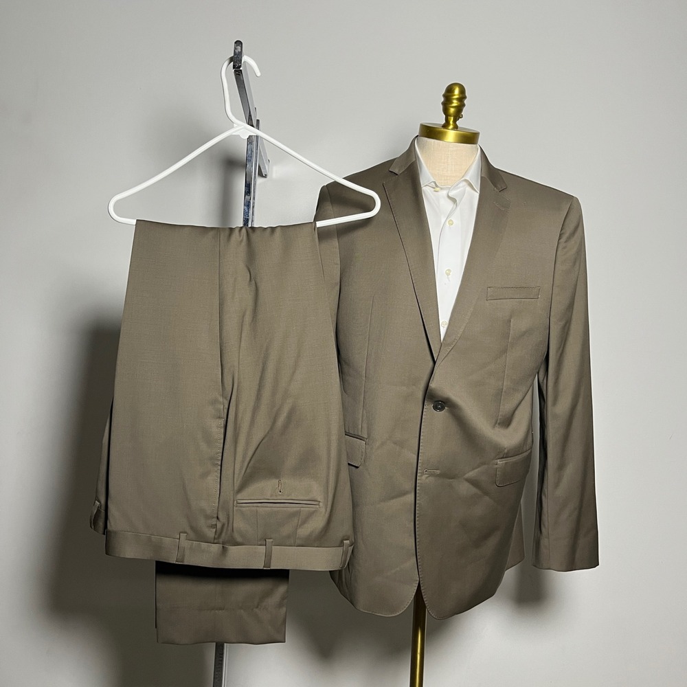 Calvin Klein Suit Mens 46L 40W Tan Solid Wool 2 Button Notch Lapel Modern
